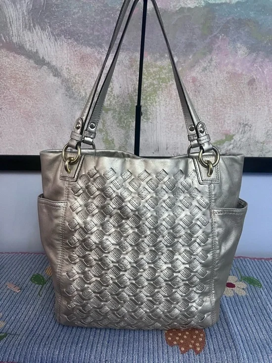 COACH North South Woven Metallic Gold Leather Shoulder Bag - Picture 6 of 13